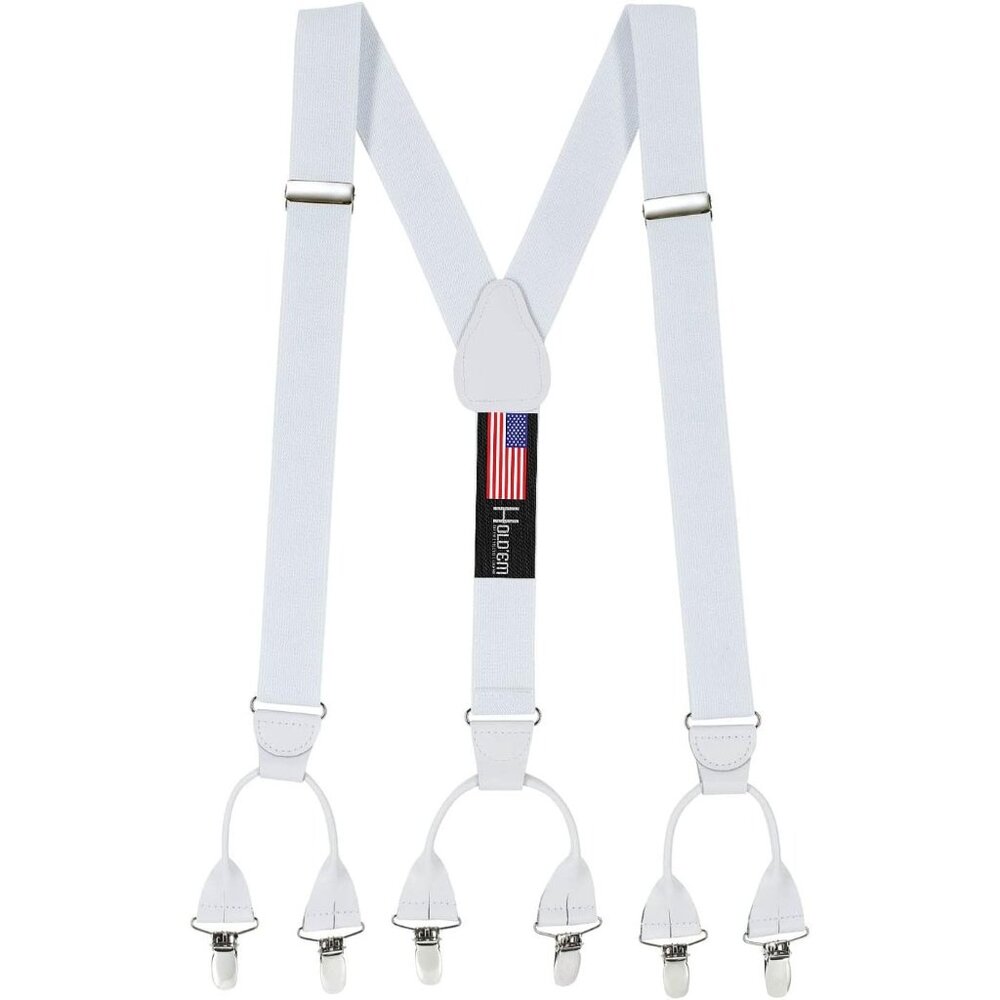 Hold'Em Men Elastic Double-Hold Button Look Suspenders No Slip Pin Clip - White